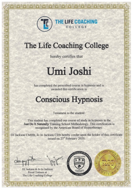 Umi Hypnosis certificate